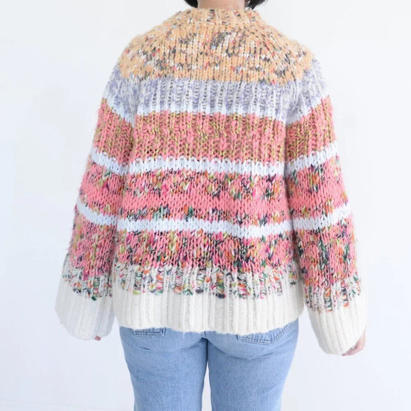 Anthropologie Kahlo Striped Pink & Cream Chunky Knit Crewneck Sweater S - Picture 3 of 12